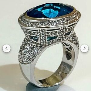 Sterling Silver925 Blue Tourmaline CZPave EastWest Estate Large Stone Ring7-7.5”